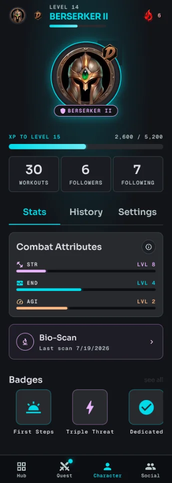 XPGym character screen — avatar, rank and STR/END/AGI