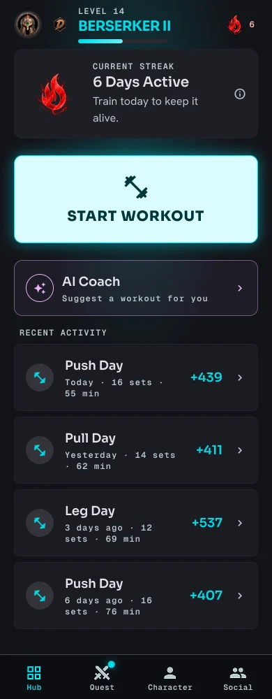 XPGym Hub screen — level, XP bar, streak and quick start